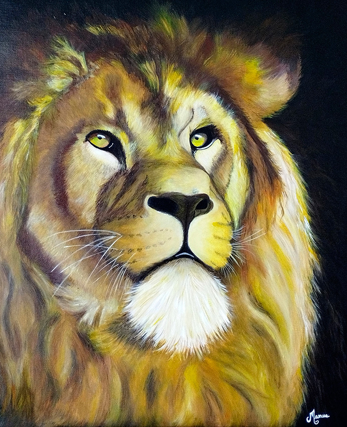 Le lion, roi de la savane, Acrylique sur Toile 55 x 46 cm